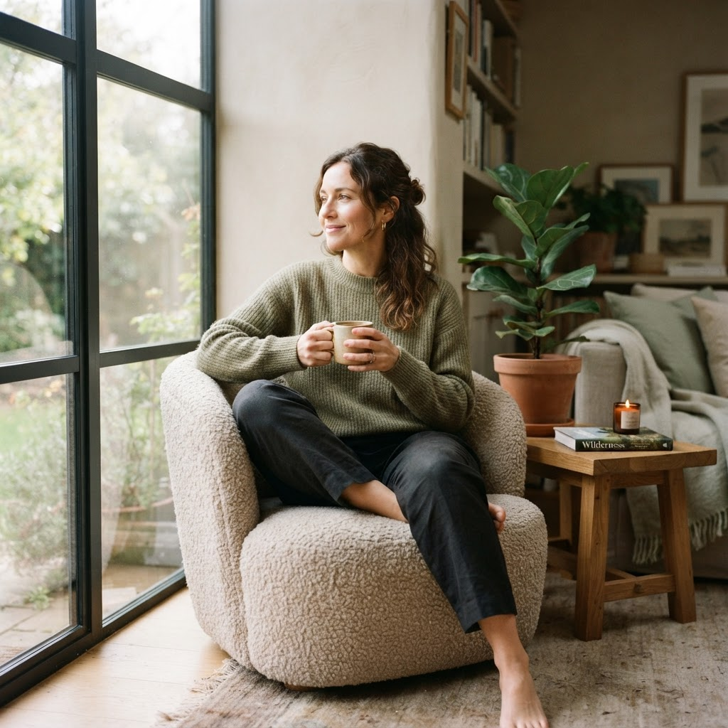 Persona en calma tomando un café junto a la ventana, con luz natural y plantas