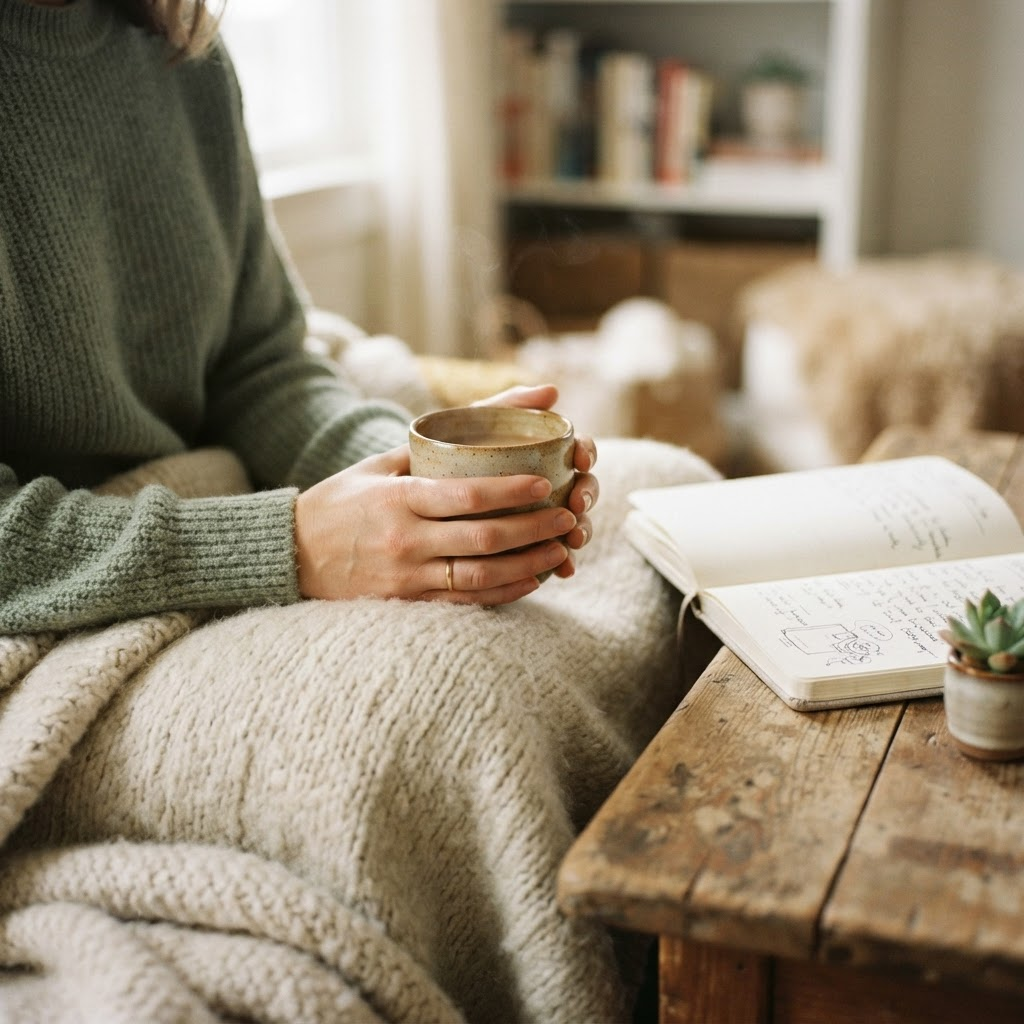 Manos sosteniendo una taza de café junto a un cuaderno abierto y una planta